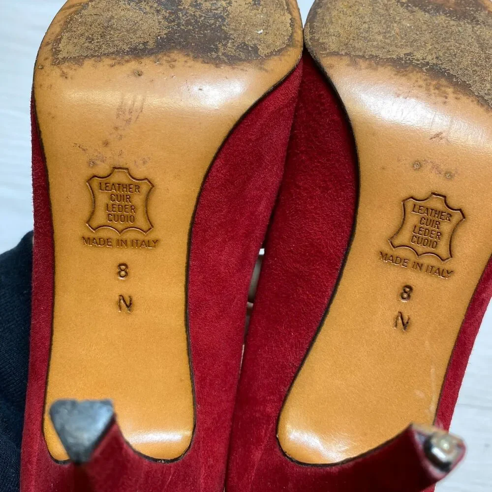 Vintage Yves Saint Laurent Heel Pumps Women Size 8 N Red Suede Pointed Toe - Picture 10 of 11